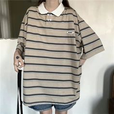 Loose Striped Colors Polo Collar Shirt – Tomscloth Beige Cotton Top With Striped Collar, Casual Brown Tops With Striped Collar, Beige Short Sleeve Top With Striped Collar, Early Spring Outfits, Collar Tshirt, T Shirt Oversized, Current Fashion Trends, Polo Collar, Petite Outfits