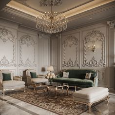 a living room with couches, chairs and a chandelier