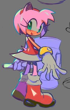 a drawing of a cartoon character with pink hair and purple boots, holding a bird in her hand