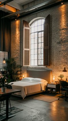 an empty bedroom with brick walls and exposed ceilings, lit by lights from the windows