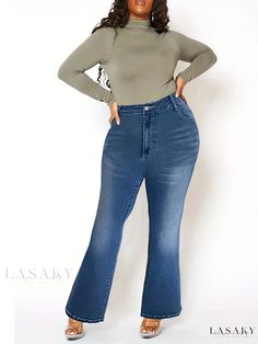 Lasaky - Womens Plus Size Flared Jeans: Angel Wings Print, High Stretch Fabric, High Rise Casual Denim Casual Fitted Winter Flare Jeans, Solid Color Denim Bottoms For Fall, Casual Stretch Flare Jeans For Winter, Fall Denim Bottoms In Solid Color, Casual Stretch Solid Flare Jeans, Casual Stretch Solid Color Flare Jeans, Solid Denim Jeans For Fall, Wings Embroidery, Plus Size Y2k