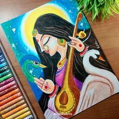 Saraswati Maa Mandala Art, Indian Madhubani Art, Mata Ji Drawing, Saraswati Mata Drawing, Saraswati Maa Drawing, Maa Saraswati Drawing, Maa Saraswati, Oil Pastel Drawings Easy, Modern Art Canvas Painting