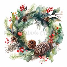 a watercolor christmas wreath with pine cones and berries