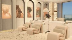 the interior of a hair salon with chairs and mirrors on the wall, in front of large windows