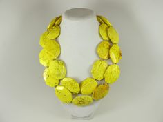 "Contains small parts! Not for children! Choking Hazard!Chunky yellow turquoise necklace,multi strand statement yellow  necklace, statement necklace, big yellow turquoise beads, yellow statement jewelry A bold and dramatic statement necklace featuring natural yellow turquoise beads. 2 strands, HEAVY weight. Gold plated lobster clasp Measurements: short strand 18\" (47 cm) plus 3\" extender. Please note, due to the natural nature of the stones, variations in color, size, and shape should be expec Cat Eye Jewelry, Chunky Turquoise Necklace, Dainty Gemstone Necklace, Unique Statement Necklace, Turquoise Statement Necklace, Autumn Necklace, Chunky Bead Necklaces, Green Beaded Necklace, Necklace Big