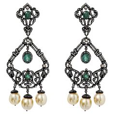 Emerald & Diamond Earrings with Pearl Drops Oxidized Silver & 14K gold. These earrings are crafted with meticulous attention to detail, blending classic and modern design for a timeless look. Their unique composition and durable construction make them a timeless accessory that will last for years to come. Emerald And Diamond Earrings, Emerald Diamond Earrings, Unique Composition, Nice Nails, Magnificent Century, Dream Nails, Jewel Box, Timeless Accessories, Oxidized Silver