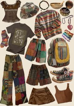 aesthetic collage of colorful clothes #hippie #clothes Hippy Aesthetic Pictures, Earthy Aesthetic Clothes, 80s Hippie Aesthetic, Indiecore Outfits, Funky Clothes Aesthetic, Masc Hippie Outfits, Colorful Hippie Outfits, Hippie Core Aesthetic, Hippy Outfits Aesthetic