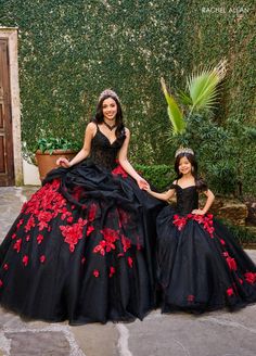 Your sweet girl be the center of attention in this 3D floral applique long cold shoulder corset dress with A-line skirt by Rachel Allan RQ4045. This flawless quinceañera gown combines the bold drama of black with vibrant red or sublte pink with gold floral appliqués, creating a stunning visual contrast. The gown features a detailed, bead-encrusted bodice and a full, luxurious skirt. Perfect for those looking to make a bold statement, this gown ensures all eyes are on her with its regal and capti Black 15 Dress, Black And Gold Quinceanera, Velvet Ballgown, Off The Shoulder Corset Dress, Dama Dresses Quinceanera, White Rehearsal Dress, 1500 Dresses, Black Quinceanera, Ugly Dresses