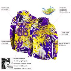 Custom Stitched Graffiti Pattern Purple-Gold 3D Sports Pullover Sweatshirt Hoodie Winter Crew Neck Hoodie For Team Events, Crew Neck Hoodie For Team Events In Winter, White Hooded Hoodie For Team Events, Winter Team Spirit Hoodie For Team Events, Team Spirit Hoodie For Winter Team Events, Customizable Crew Neck Hoodie For Sports Events, Custom Print Hoodie For Winter, Long Sleeve Hoodie For Team Events And Sports Season, Long Sleeve Hoodie For Team Events During Sports Season