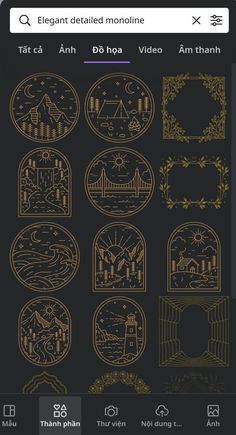 an iphone screen showing the icons for different types of items in gold on black background