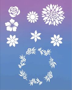 the silhouettes of flowers are arranged on a blue, purple and pink background with white outline