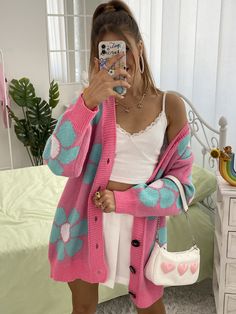 Multicolor Casual Collar Long Sleeve Polyester Floral Coat Embellished Slight Stretch Fall/Winter Women Knitwear Cardigan Rosa, Shoulder Cardigan, Drop Shoulder Cardigan, Lantern Sleeved Blouses, Drop Shoulder Sweaters, How To Hem Pants, Pink Cardigan, Floral Pants, Pattern Sweater