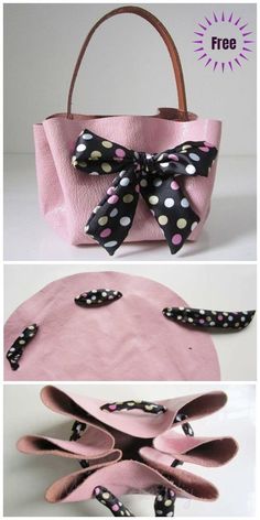 two pictures showing different ways to make a purse with ribbon and buttons on the side