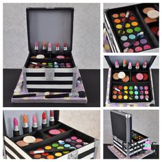 an assortment of makeup and make - up items in a case, including lipstick, eyeshades, lip glosses