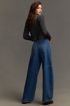 Too hot to barrel . Featuring a relaxed, curved leg that gently tapers at the ankle, the Georgia is our fan-fave take on the barrel jean, complete with flattering seamed details. | The Georgia Full-Length High-Rise Barrel Jeans by Pilcro in Blue, Women's, Size: 30, Cotton at Anthropologie Barrel Jeans, Casual School Outfits, Stylish Work Outfits, Blue Fits, Wide Pants, Spring Trends, Back To School Outfits, Casual Dinner Outfit, Boho Blouses