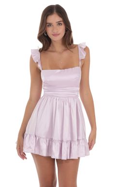 Satin Fit and Flare Dress in Lilac | LUCY IN THE SKY 8th Grade Prom Dresses, Spring Formal Dresses, Hoco Inspo, Cute Formal Dresses, Cute Homecoming Dresses, Preppy Dresses, Fashionable Clothes, Hoco Dresses, Girly Fashion