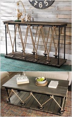 an old coffee table is transformed into a side table with roped ends and handles