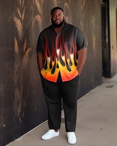 Men's Long Sleeve Shirt Pants Sets|Men's Long Sleeve Button Up Shirt Genderqueer Fashion, Black Flame, Queer Fashion, Shirt Pant Set, Red Fits, Plus Size Black, Pant Suit, Street Look, Mens Plus Size