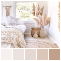 a bedroom with white walls and neutrals in the color scheme, along with a basket full of feathers