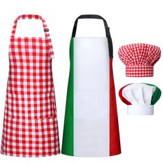 two aprons, one with a chef's hat and the other with an oven mitt