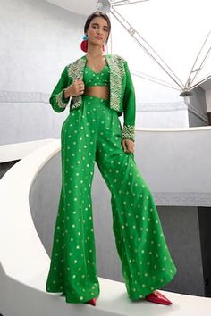 Green jacket featuring glass bead embellishment. Paired with a jamewar base bustier and flared pant. - Aza Fashions Designer Fitted Green Outerwear, Fitted Green Nehru Jacket For Party, Green Fitted Nehru Jacket For Party, Bead Embellishment, Women Kurta, Embellished Jacket, Pant Set, Green Jacket, Set For Women