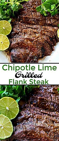 grilled flank steak topped with cilantro and limes on a white plate