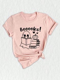 Introducing our Halloween Booooks Shirt, a must-have for all book lovers and Halloween enthusiasts. This unique shirt features a playful design of ghost books, making it the perfect choice for teachers, librarians, and anyone who loves to read.Halloween Booooks Shirt, Ghost Books, Halloween Teacher T-Shirt, Halloween Reading Shirt, Librarian Shirt, Librarian Gift Peach Heather Casual  Short Sleeve  Animal,Cartoon,Colorblock,Figure,Geometric,Graphic,Letter,Striped,Plants,Slogan,Textured Pattern Books Halloween, Halloween Themed Gifts, Halloween Reading, Ghost Books, Bookworm Shirt, Librarian Shirt, Fall Reading, Gifts For Librarians, Reading Shirts