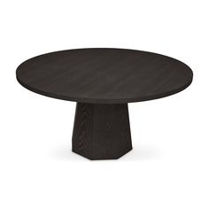 a round wooden table with black wood grain on the top and base, against a white background