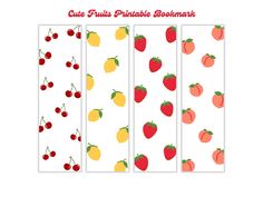 four bookmarks with fruits and berries on them, all lined up in the same pattern