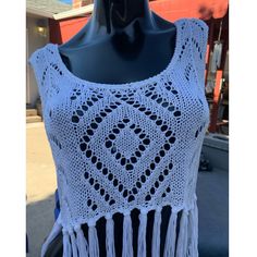 New With Tag! Angl Knitted Crop Top Tank Top With Diamond Details And A Dangling Fringe Hemline. Size Medium Fun, Casual And Totally Boho Tank Features Thick Tank Straps, Fully Crocheted Diamond Detailing And A Long Flowing, Dangling Fringe Hemline. This Crop Top Can Be Worn Over A Bandeau, Tank Or Bralette With A Pair Of Shorts, Pants, Leggings Or Simply Over A Bathing Suit! 100% Acrylic! White Crochet Knit Top For The Beach, Casual White Crochet Top One Size, Casual Knit Crochet Top For Festivals, One Size Knitted Tops For Beach, Casual Crochet Top For Festival, Bohemian Cotton Knit Top, Knit Beach Tops, Crochet Cotton Knit Top For Beach, Festival Knit Tops With Crochet Trim