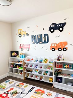 Trucks and cars for playroom theme Theme Playroom, Balcon Mic, Boy Toddler Bedroom, Baby Playroom, Toddler Playroom, Kids Playroom Decor