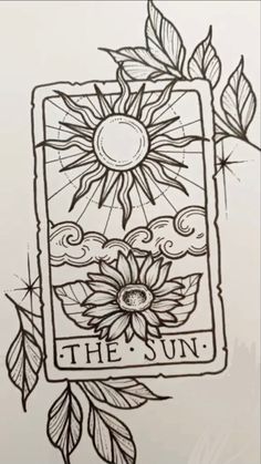 a drawing of the sun with leaves and flowers on it's back side, in black and white