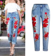 Red Denim Jeans, Elastic Jeans, Torn Jeans, Streetwear Mode, Elegant Embroidery, All Jeans, Long Jeans, Loose Jeans, Embroidered Jeans