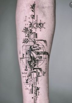 a man's leg with an abstract tattoo design on the side of his leg