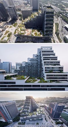 three different views of the same building and its surrounding area are shown in this collage