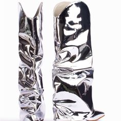 Silver Chrone Sculptural Cowboy Boot From Italian Brand Le Silla. Leather Shiny Metallic Boot With A Wedge-Like Heel. A Gorgeous Boot Like No Other You’ve Seen. Metallic Boots, Cowboy Boot, Shoes Heels Boots, Cowboy Boots, Shoes Women Heels, Cowboy, Shoes Heels, Wedges, Size 10