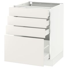 a white cabinet with three drawers on the bottom and one drawer in the middle, against a white background