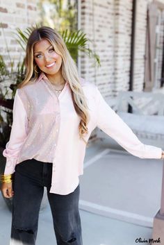 Olivia Mark - Sequin Embellished Long Sleeve Shirt with Stylish Contrast Spring Embellished Button-up Blouse, Sequin Button-up Tops For Night Out, Spring Long Sleeve Embellished Shirt, Glamorous Button-up Tops For Fall, Chic Spring Tops With Contrast Sequin, Long Sleeve Sequin Shirt For Spring, Spring Long Sleeve Sequin Shirt, Spring Tops With Contrast Sequin, Trendy Sequined Spring Blouse