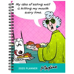 a spiral notebook with an image of a cartoon character eating food