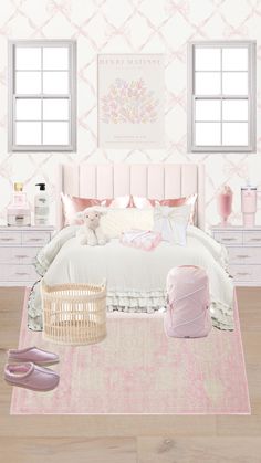 a bedroom with pink furniture and wallpaper