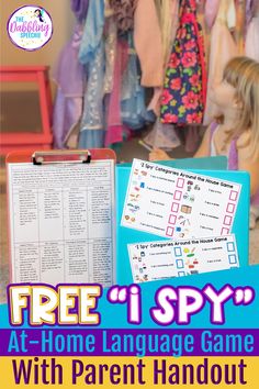 a sign that says free 1 spy at home language game with parent handout