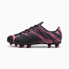 a black and pink soccer shoe on a white background