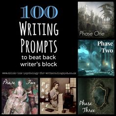 there are many different pictures with words written on them and in the middle one reads, writing proms to beat back writer's block