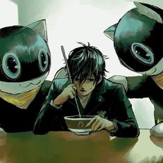 two anime characters sitting at a table with food in front of them and one holding a spoon