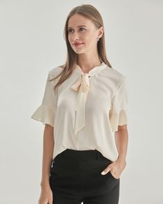 Women Bow-tie Neck Silk Blouse Solid Stretch Blouse For Formal Wear, Classic Stretch Solid Color Blouse, Stretch Blouse For Formal Occasions, Formal Stretch Blouse, Classic Stretch Blouse, Feminine Solid Color Blouse For Workwear, Solid Tie Neck Blouse For Work, Fitted Feminine Solid Blouse, Versatile Solid Color Blouse For Office