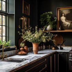 a kitchen with marble counter tops and potted plants in the window sill next to an oven