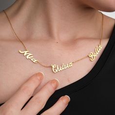 14K Gold Multi Name Necklace | Custom Jewelry | Three Name Necklace | Personalized Family Name Jewelry | Gift For Her ✨ Celebrate the bonds that matter most with our 14K Gold Multi Name Necklace--a beautiful piece of custom jewelry that lets you keep your loved ones close to your heart. Designed to hold up to three names, this necklace is perfect for showcasing the names of your children, family members, or anyone special in your life. Each name is delicately engraved on a high-quality 14K gold chain, creating a meaningful and stylish accessory that's perfect for everyday wear. 🌟 Three Name Necklace: A versatile piece that's both personal and elegant, this necklace allows you to carry the names that mean the most to you. Whether it's your children, best friends, or loved ones, this three- Customizable Name Necklace For Christmas Anniversary, Custom Name Necklace For Christmas, Customized Name Necklace For Christmas Anniversary, Gold Name Necklace For Christmas, Gold Christmas Name Necklace, Gold Nameplate Necklace For Christmas, Custom Name Gold Necklace For Christmas, Nameplate Necklace For Christmas Anniversary, Customizable Gold Name Necklace For Christmas