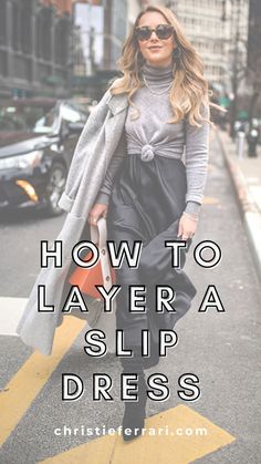 Slip Dress Outfit Inspiration, Metallic Slip Dress Outfit, Satin Dress And Sweater Outfit, Black Slip Dress Sweater Outfit, Long Sleeve Under Slip Dress, How To Layer Dresses For Fall, Silk Slip Dress Outfit Winter, Slip Dress In Winter Outfit, Black Slip Dress With Sweater