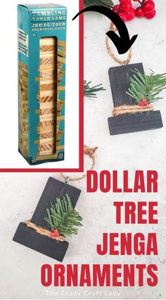 dollar tree jenga ornament made out of popsicle sticks and pine branches