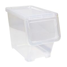 a plastic storage container with lid on white background